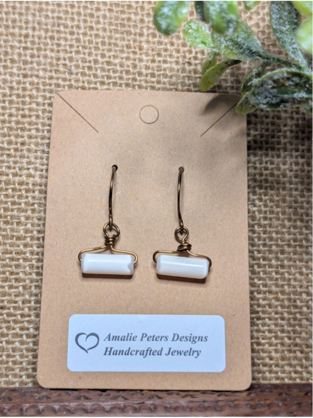 Handcrafted Boho Brass Wrapped Wire Caged White Cylinder Cat's Eye Bead Earrings